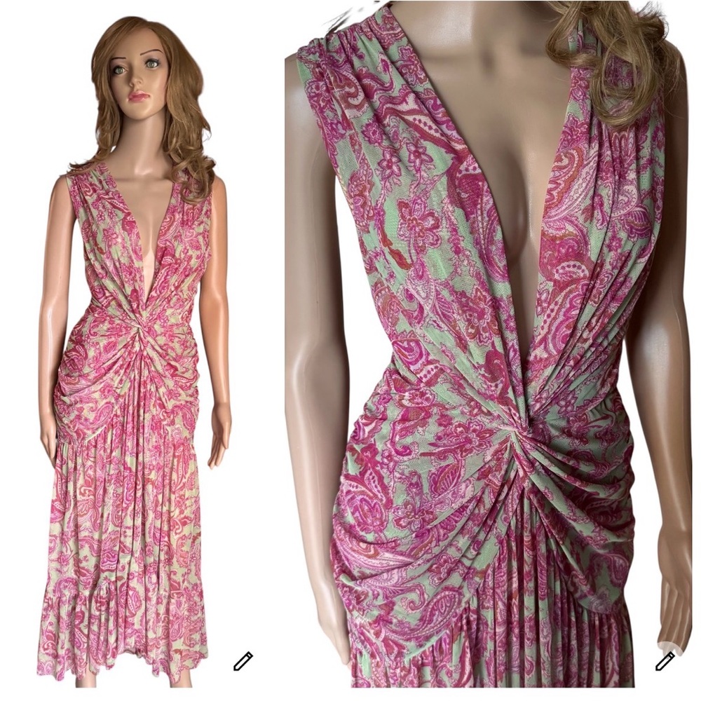 MISA Los Angeles Ava Paisley Gathered Midi Dress Sz M Easter Garden Party Tulle